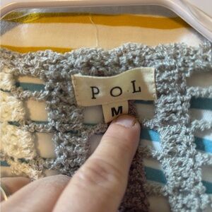 POL Crochet Open-Knit Vest in Light Gray with Cream Lining and Yellow Stripe